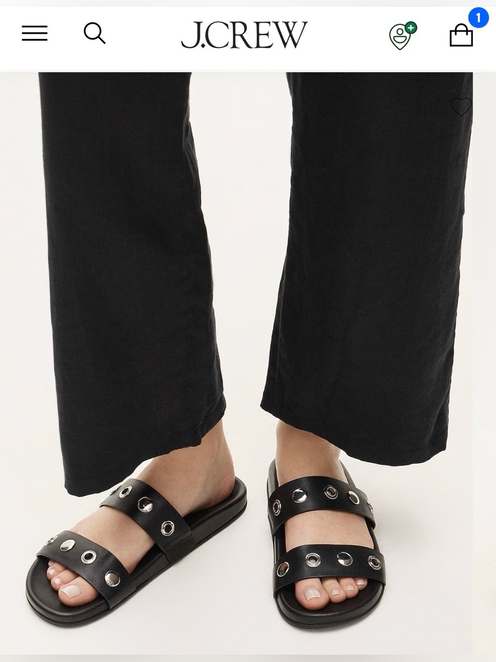 NIB J.Crew Black Double-Strap KIRA Slide/Sandals with Silver Grommets; size 8/9